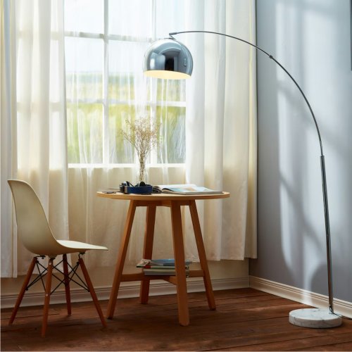 Teamson Home Arc Curved Standing Floor Lamp with Bell Shade & Marble Base - Chrome/White Marble