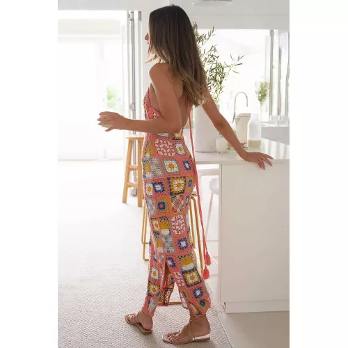  Multicolor Pattern Crochet Halter Slit Vacation <span style='filter: blur(2.5px);'>****</span> Dresses