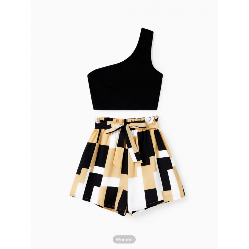 Mommy and Me Matching One Shoulder Top Geometric Pattern Bottom Co-ord Sets