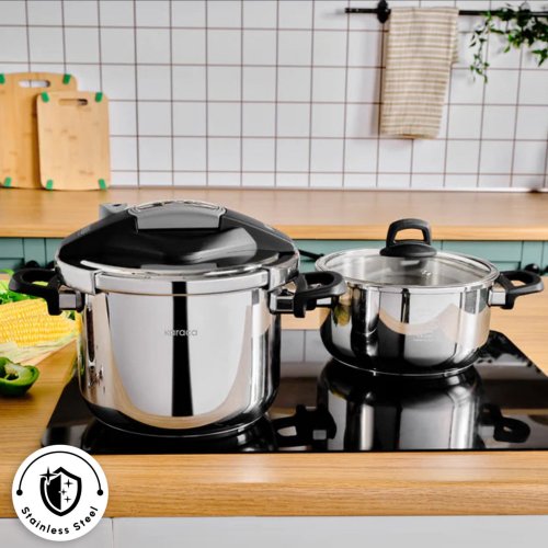 Karaca Perfect 2-Piece Stainless Steel Induction Pressure Cooker Set, 4L+6L, Black Silver