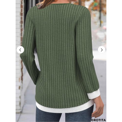 Button Olive Green Round Neck Long Sleeve T Shirt 