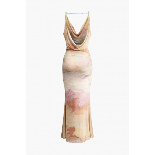 Abstract Print Cowl Neck Ruched Backless Slip <span style='filter: blur(2.5px);'>****</span> Dress 