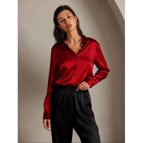  19Momme Silk Solid Color Basic Military Lapel Shirt