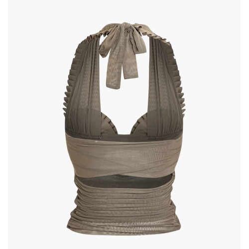 Pleated Mesh Halter Tank Top