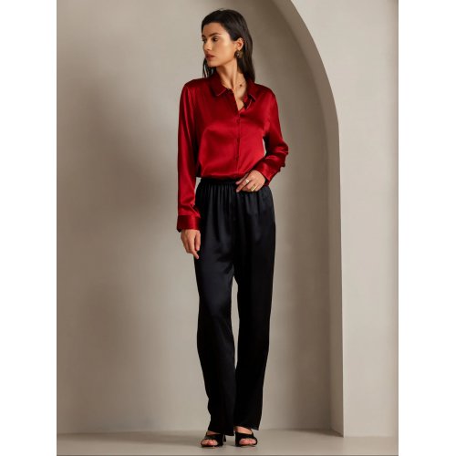  19Momme Silk Solid Color Basic Military Lapel Shirt