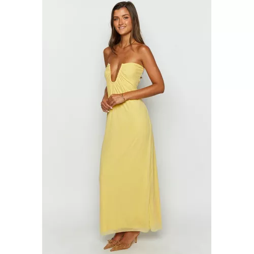  Off Shoulder Notched V Neck Ruched Formal Party Layered Plain <span style='filter: blur(2.5px);'>****</span> Dresses-Yellow