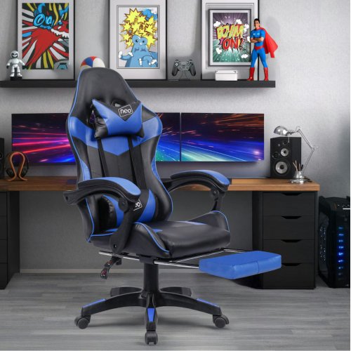 Blue/Black Massage Leather Gaming Chair with Footrest