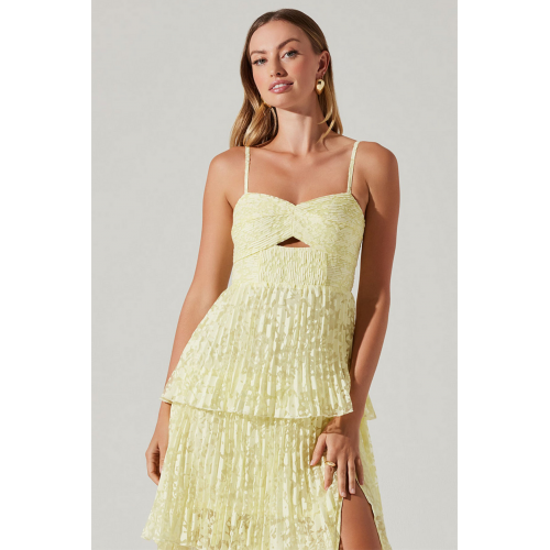 Floral Pattern Tiered Pleated Slit Hem Midi Slip Dresses-Yellow
