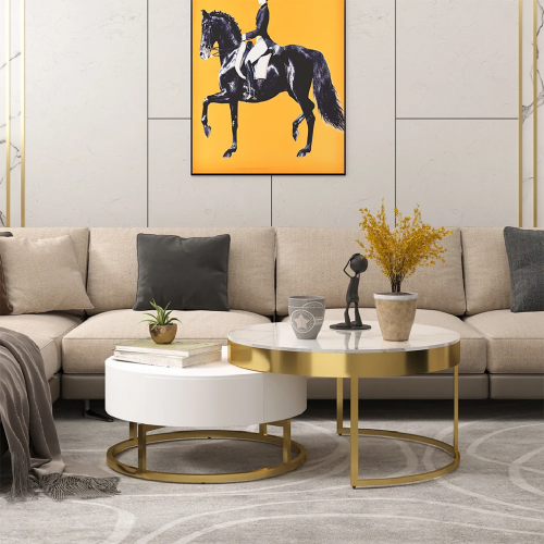  Nesnesis Modern Round Sintered Stone Nesting Wood Coffee Table with Drawers in White 