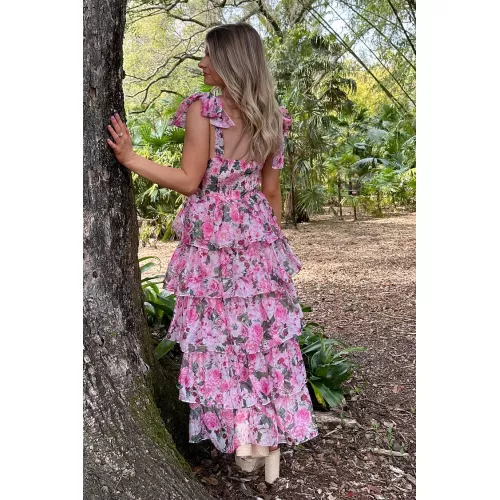 Floral Print Tie Up Cami Tiered Ruffled Hem Midi Dresses-Pink