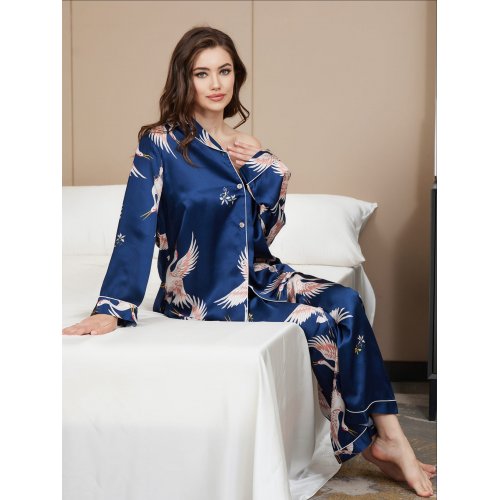 19Momme Pure Silk Printed Classic Binding Trim Womens Pyjama Set