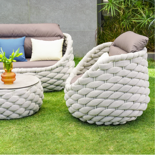  Tatta 4 Pieces Textilene Rope Woven Outdoor Sectional Sofa Set with Round Coffee Table 