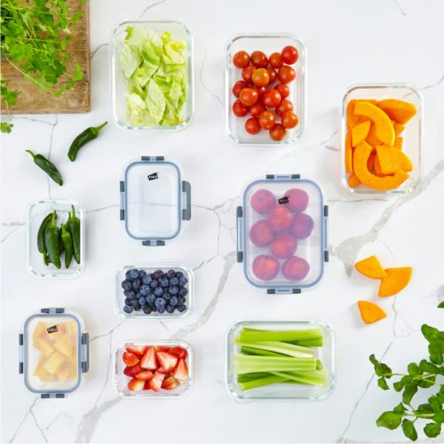 10 Glass Containers & 10 Lids Food Storage Set 10 Piece