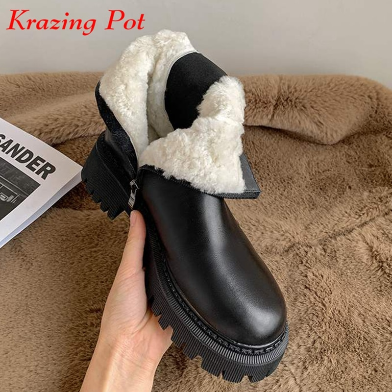krazing pot genuine leather snow boots keep warm wool round toe med heels natural fur cold resistance dating KPOP ankle boots