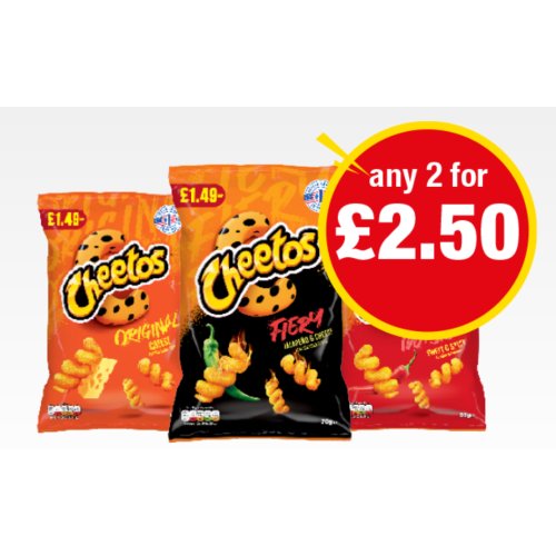 Cheetos (70g–85g, varieties as stocked)