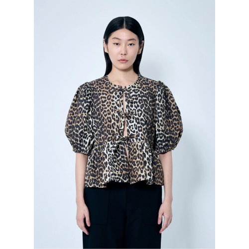 GANNI Leopard Poplin Peplum Blouse