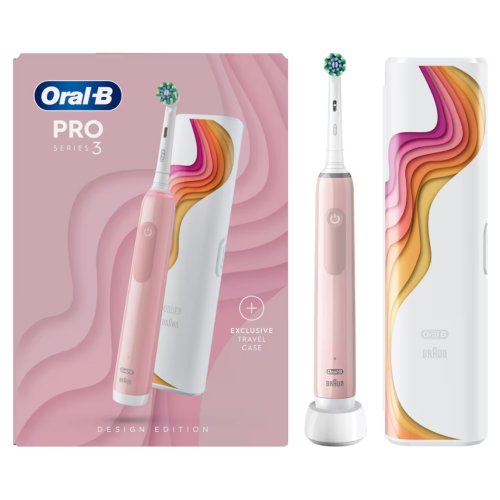 Oral-B Pro 3 3500 Pink Electric Toothbrush with Riso Art Travel Case