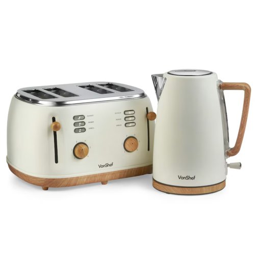 VonShef 3000W Kettle and 1500W Toaster Bundle Set Cream