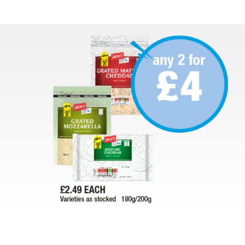 Jack's Grated Mature Cheddar, Mozzarella, Medium Cheddar  180g/200g