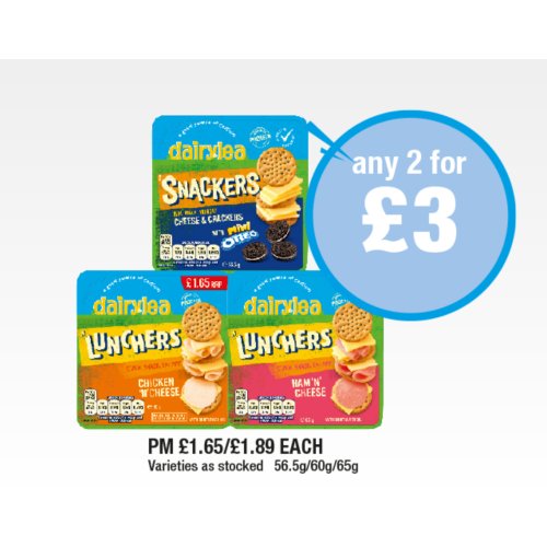 Dairylea Snackers Cheese & Crackers Oreo, Lunchers Chicken 'N' Cheese, Ham 'N' Cheese