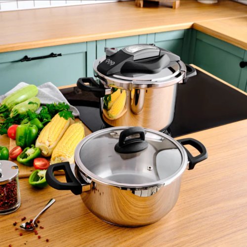 Karaca Perfect 2-Piece Stainless Steel Induction Pressure Cooker Set, 4L+6L, Black Silver