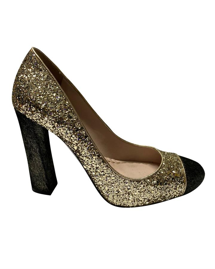 Miu Miu Miu Miu Cap Toe Pumps In Gold Glitter -Pre Owned Condition